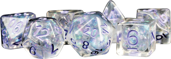 Metallic Dice Games: 16mm Polyhedral Set - Pearl - Clear with Purple
