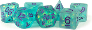 Icy Opal 16mm Resin Poly Dice Set: Teal with Purple Numbers