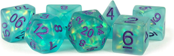 Icy Opal 16mm Resin Poly Dice Set: Teal with Purple Numbers