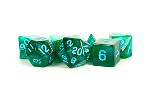 Stardust Green w/ Blue Numbers 16mm Polyhedral Dice Set
