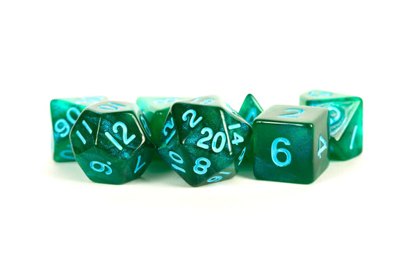 Stardust Green w/ Blue Numbers 16mm Polyhedral Dice Set
