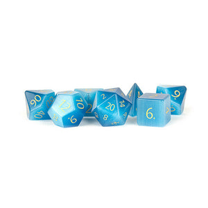 Metallic Dice Games: 16mm Stone Polyhedral Set - Engraved Cat's Eye Aquamarine