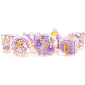 Metallic Dice Games: 16mm Polyhedral Set - Pearl - Purple with Gold