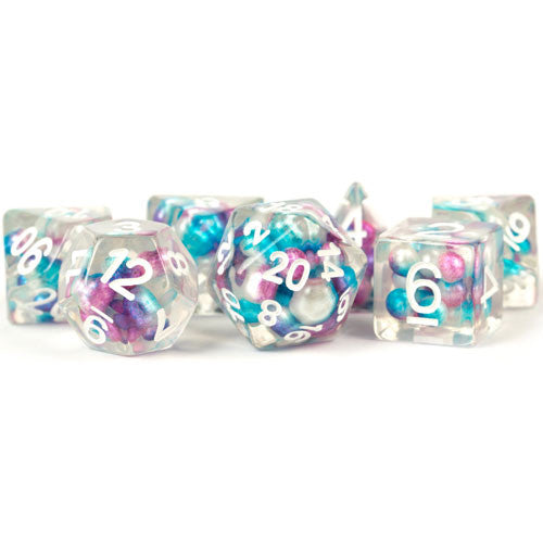Metallic Dice Games: 16mm Polyhedral Set - Pearl - Gradient Purple/Teal/White with White (7)