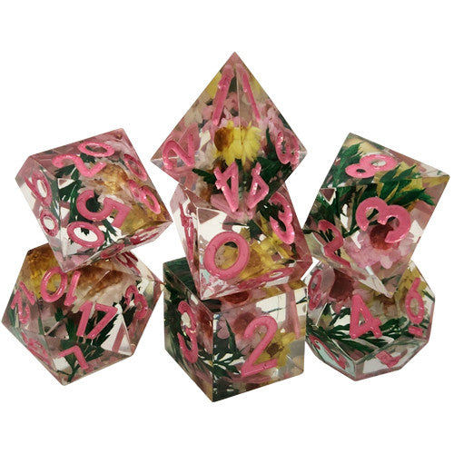 Handcrafted Sharp Edge Resin Dice Set: Chrysanthemum/Pink (7)